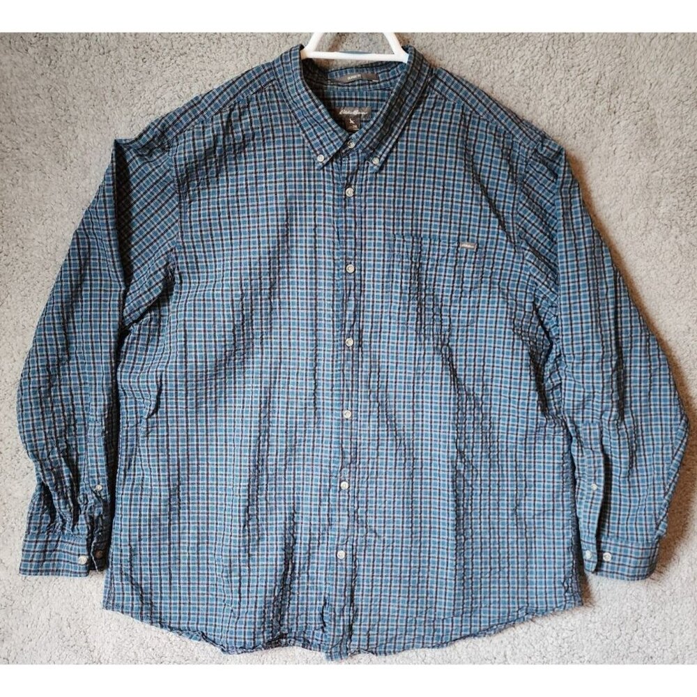 Eddie‎ Bauer Classic Fit Blue Plaid Seersucker Button Down LS Shirt Size 2XL